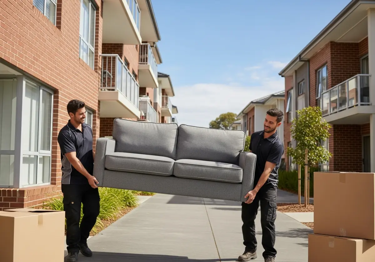 Small apartment move in Perth with two professional movers carrying furniture down stairs